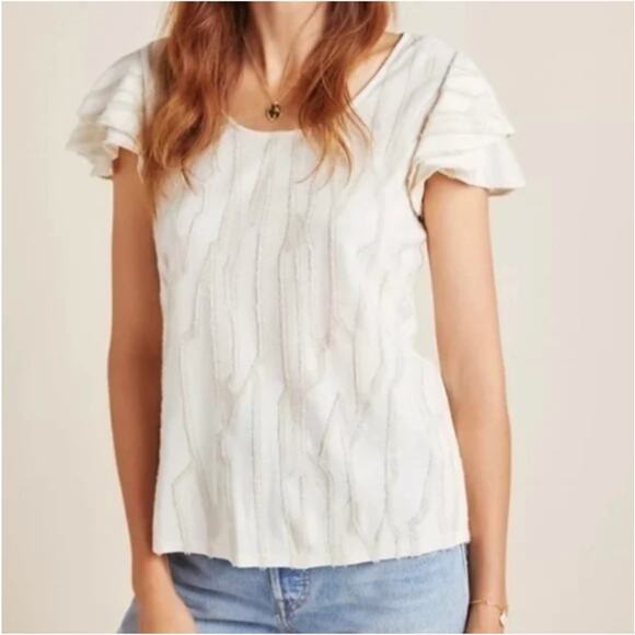 Anthropologie Dolan Charamante Flutter Sleeve Cream Beige Textured Top M - Picture 1 of 6